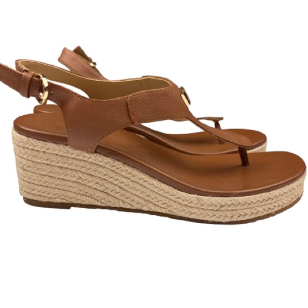 Michael Kors 8M Brown MK Gold Logo Espadrille Platform Wedge Sandals NEW
